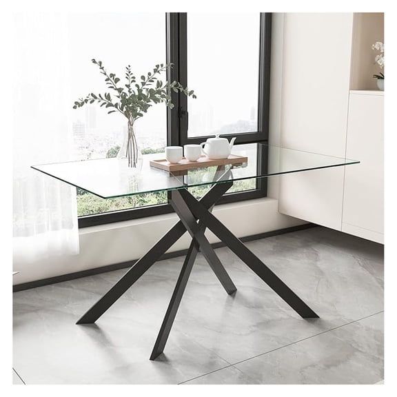 51" Rectangle Dining Table for 4 5 6 People,Modern Dining Room Tables with Black Metal X-Shaped Legs, Glass Dining Table Large Kitchen Table Family Dinner Table for Home Office Living