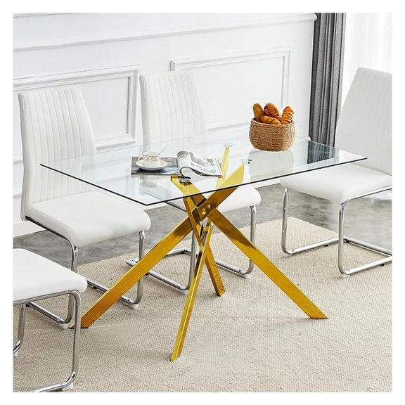 51" Rectangle Dining Table for 4 5 6 People, Modern Dining Table with Metal X-Shaped Legs, Large Glass Kitchen Table Family Dinner Table for Home Office Living Room