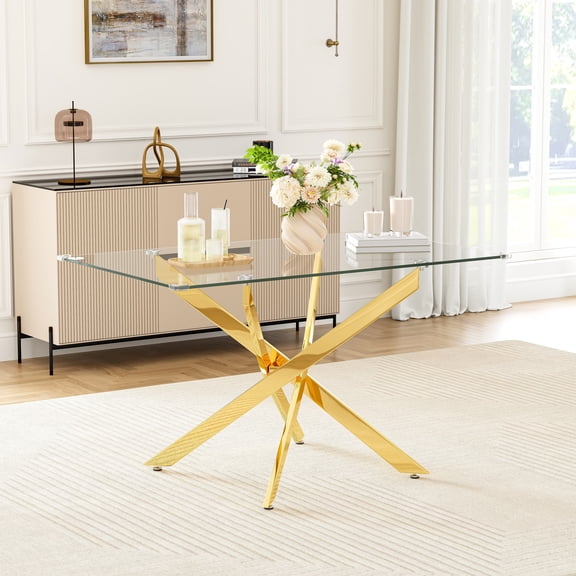 50" Rectangular Glass Dining Table for 4-6 People, Modern Tempered Glass Kitchen Table with Irregular Stainless Steel Legs, Dining Table for Small Space, Apartment, Home Office