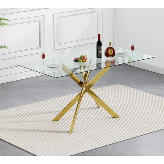 51" Rectangular Glass Dining Table Modern Kitchen Glass Top Table for 4 with Gold Metal Legs, Clear Dining Table Kitchen Table for Home Office Dining Room