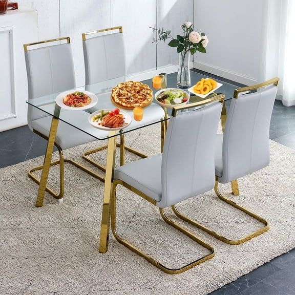 51“ Small Glass Dining Table Set for 4,0.31”Thick Tempered Glass Table Top with 4 Chrome Plate Metal Legs,4 PU Leather Dining Chairs,Modern Kitchen Dinner Room Table Set,for Kitchen Room