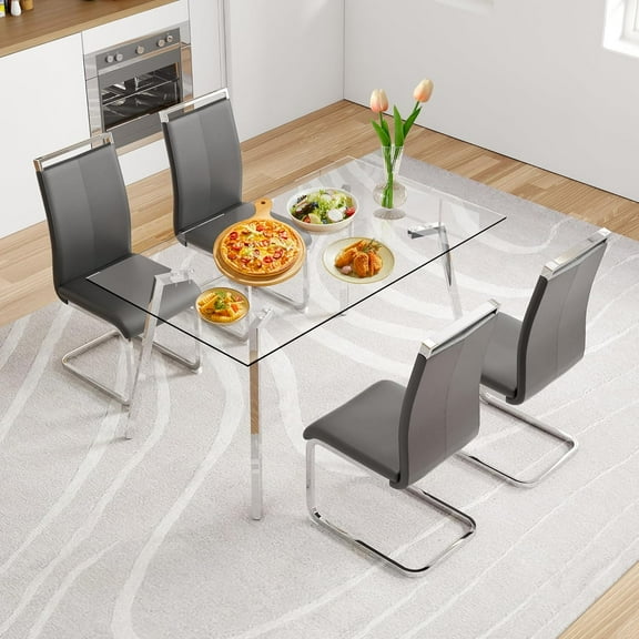51“ Small Glass Dining Table Set for 4,0.31”Thick Tempered Glass Table Top with 4 Chrome Plate Metal Legs,4 PU Leather Dining Chairs,Modern Kitchen Dinner Room Table Set,for Kitchen Room