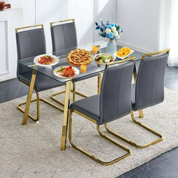 TesNus 51 Inch Glass Dining Table Set with 4 Gray PU Leather Chairs Chrome Metal Legs for Dining Room Kitchen