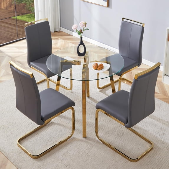 51“ Small Glass Dining Table Set for 4,0.31”Thick Tempered Glass Table Top with 4 Chrome Plate Metal Legs,4 PU Leather Dining Chairs,Modern Kitchen Dinner Room Table Set,for Kitchen Room