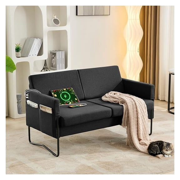 51 Small Loveseat Sofa for Small Spaces, Comfy Black Couch with 2 USB Ports, Modern 2 Person Loveseats for Living Room Bedroom, Mini Teen Office Couch (Black)