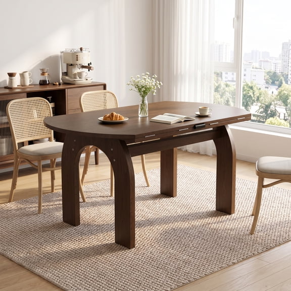 51" Solid Wood Drop Leaf Dining Table, Converts Oval to Round Farmhouse Table, Walnut