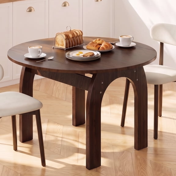 51" Solid Wood Round Dining Table Extendable Walnut Dining Room Table Mid Century Modern Kitchen Drop Leaf Table