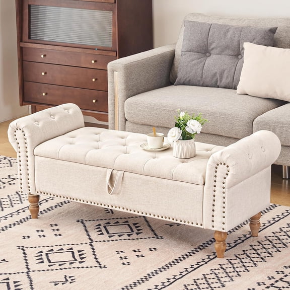 51 Storage Benches, End of Bed Bench with Button-Tufted Large Upholstered Storage Ottoman Linen Window Bench with Storage Shoe Cabinet Bench, for Bedroom, Entryway, Closet, Beige