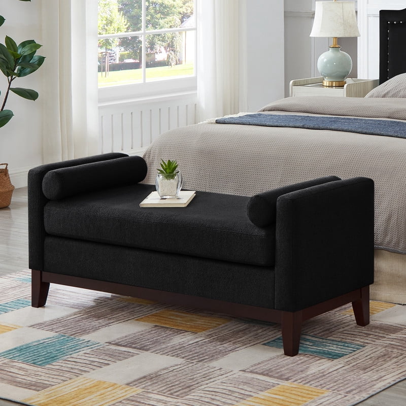 51" Storage Ottoman Bench with Arms and Pillows, Large Boucle Upholstered Tufted End of Bed Bench with Thick Padded Seat for Entryway, Living Room,Bedroom, Black