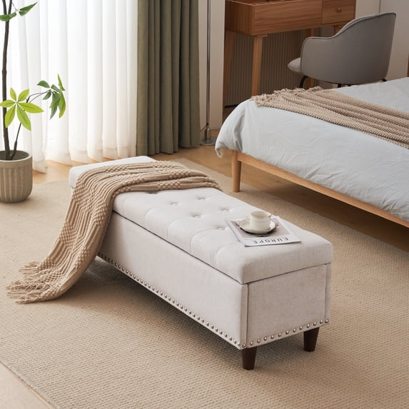 51"Storage Ottoman Bench with Copper Nails, Upholstered Linen Storage Bench End of Bed, Entryway Bench Storage Organizer with Safety Hinge for Living Room, Bedroom, Entryway, Off-White