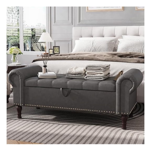 51 with Storage, Upholstered Tufted Button Bedroom with Storage, Faux Leather End of Bed with Rolled Arms, Storage Ottoman for Bedroom, Living Room, Entryway, Gray