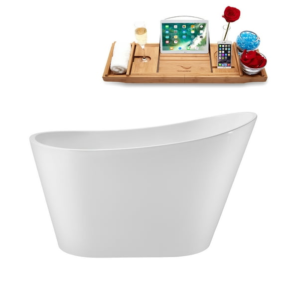 51" Streamline G-42-199-BBR Soaking Glossy White Freestanding Tub and Tray With Internal Drain in Brushed Brass