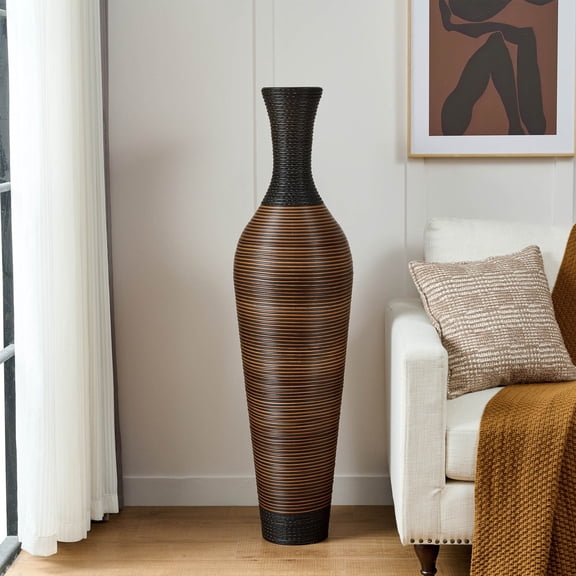 51" Tall Floor Vase, Handwoven PVC Rattan, Two-Tone Brown & Black, Large Decorative Vase