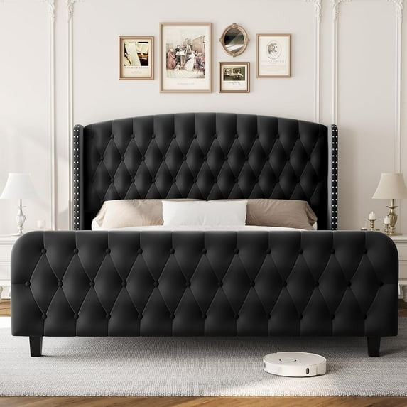 51" Tall Queen/King Size Bed Frame with Button Tufted Wingback Headboard and Footboard Velvet Upholstered Platform Bed with Wood Supports No Box Spring Needed, Noise Free Easy Assemble
