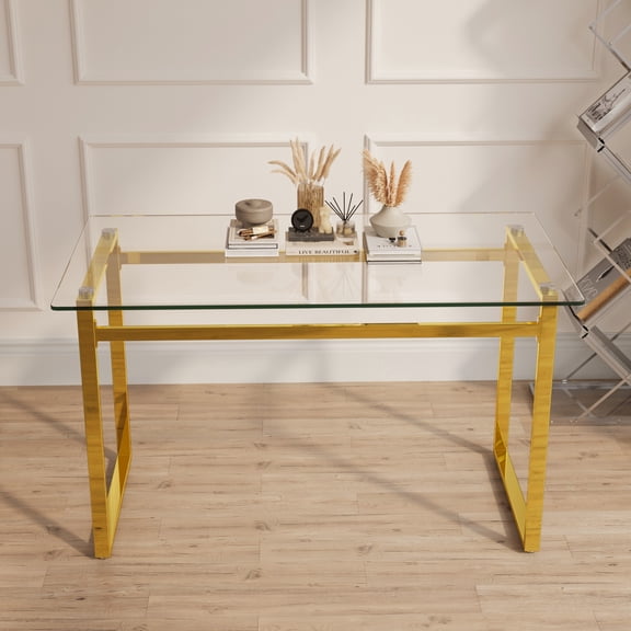 51" Tempered Glass Dining Desk For 4-6, Golden Legs, Modern Office & Solution 4-6 Seater Table, With Electroplated Elegant Setup