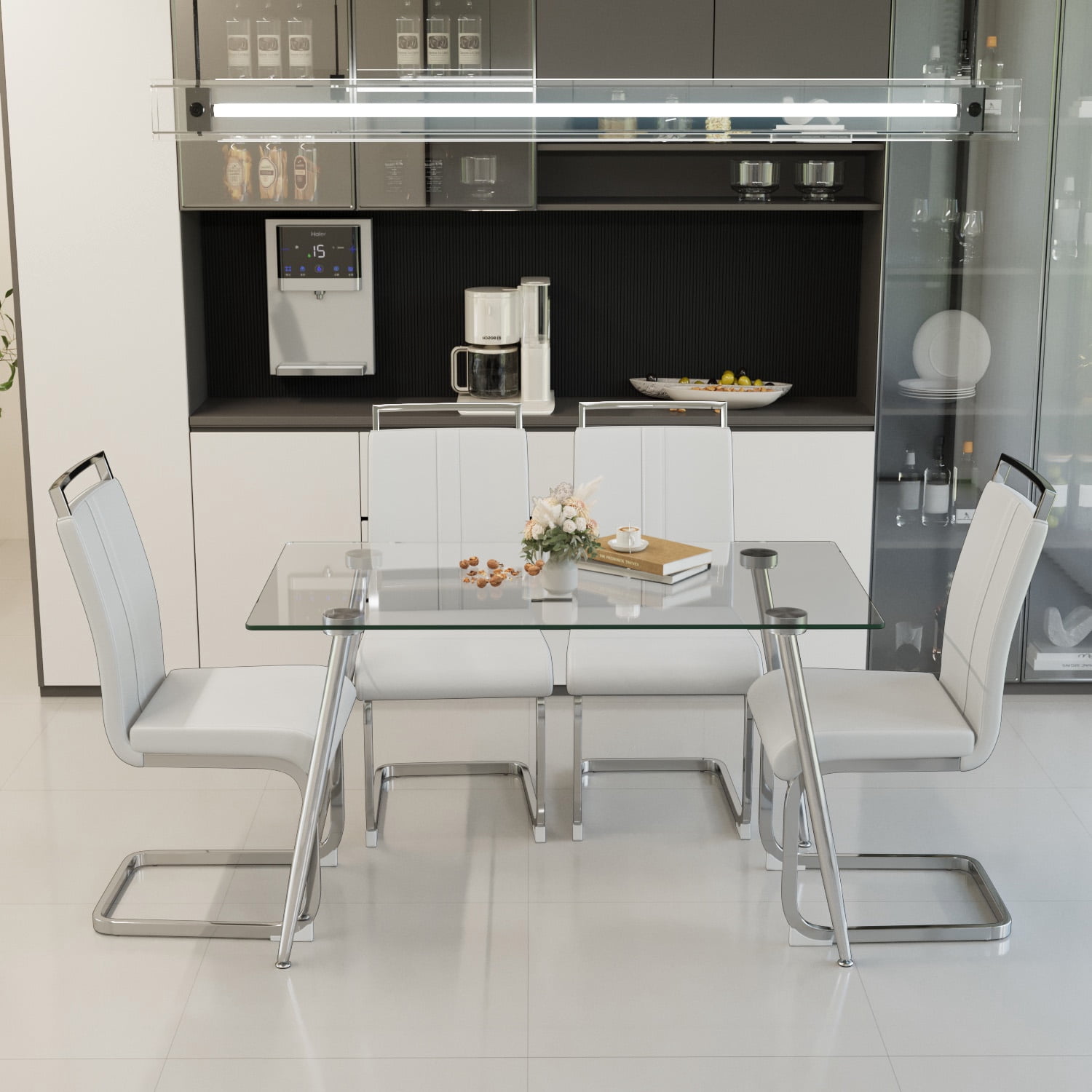 51" Tempered Glass Dining Table Set for 4, Rectangular Top & Silver-Plated Legs, PU Armless Chairs, for Kitchen, Dining Room