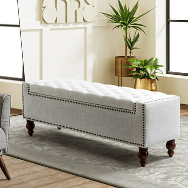 51" Tufted Button Storage Bench Solid Wood Legs Upholstered Rivets Bedroom End of Bed Entryway Living Room, Ivory