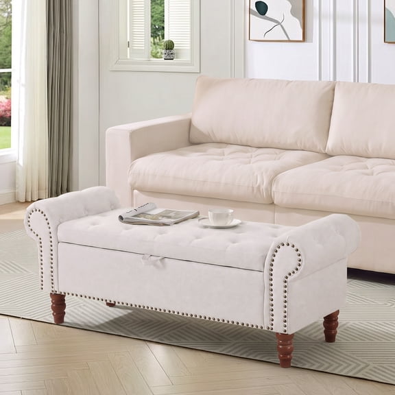 51'' Tufted Storage Ottoman Bench with Nailhead Arms, Padded Seat and Wooden Legs for Bedroom, Living Room, Entryway, Beige