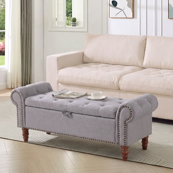51'' Tufted Storage Ottoman Bench with Nailhead Arms, Padded Seat and Wooden Legs for Bedroom, Living Room, Entryway, Gray