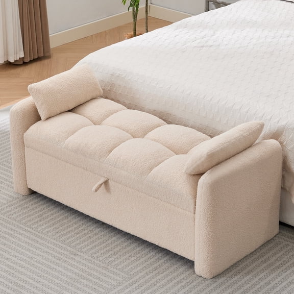 51" Upholstered Bench Seat with Rolled Armrests, Tufted Storage Bench Ottoman for Bedroom, End of Bed Bench with 2 Pillows, Camel