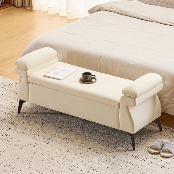 51" Upholstered Storage Ottoman with Armrest Cushions, Beige