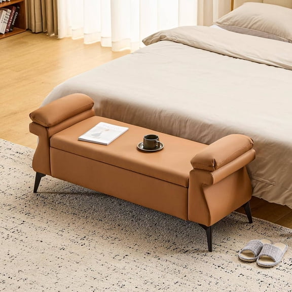 51" Upholstered Storage Ottoman with Armrest Cushions, Brown