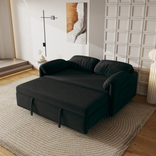 51" Velvet Sleeper Loveseat Couch, Pull-Out Couch Bed with Storage Bags, Convertible Loveseat Sofa Bed for Living Room, Black