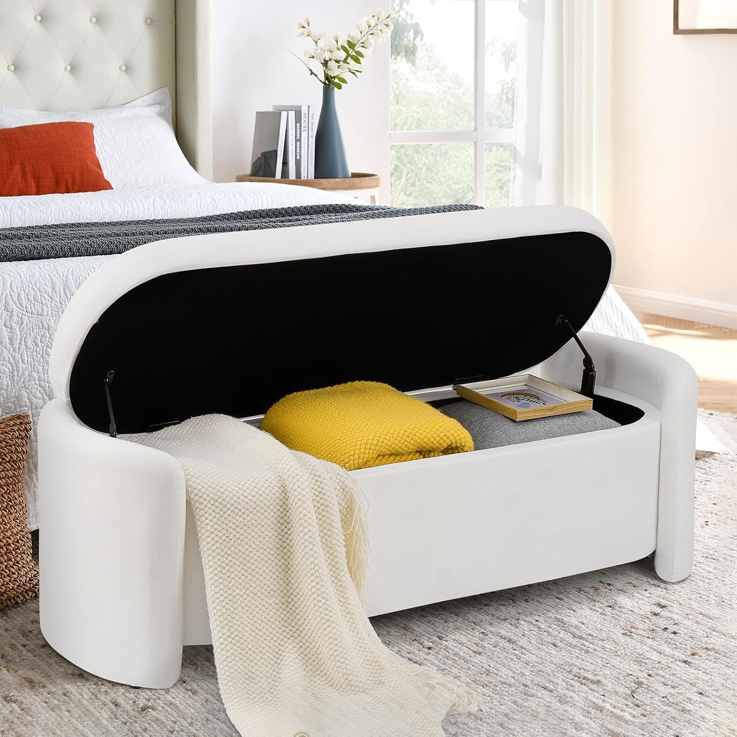 51" Velvet Storage Ottoman for Bedroom, End of Bed with Arms, Upholstered Ottoman Seat with ...