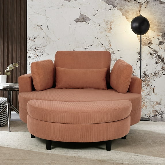 51"W Accent Barrel Chair with Half Moon Storage Ottoman, Upholstered Corduroy Single Sofa with 3 Pillows, Adjustable Headrest and Side Tray, Lounge Chair for Living Room,Bedroom,Hotel, Orange