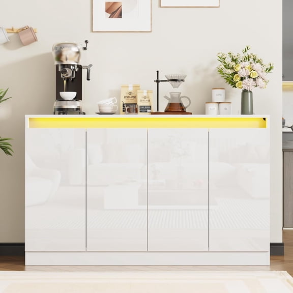 High Gloss Buffet Cabinet with 4 Doors, 51" W Dorr Sideboard Coffee Bar with LED Lights & Charging Station, Handless Modern Sideboard Storage Cabinet for Living Room, Entryway, White