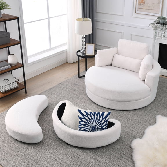 51"W Round Swivel Leisure Arm Chair,Accent Barrel Modern Sofa,Modern Chaise Lounge with Storage Ottoman,4 Movable Pillow Backrest,for Living Room,Bedroom,Office,Club Lounge,Ivory