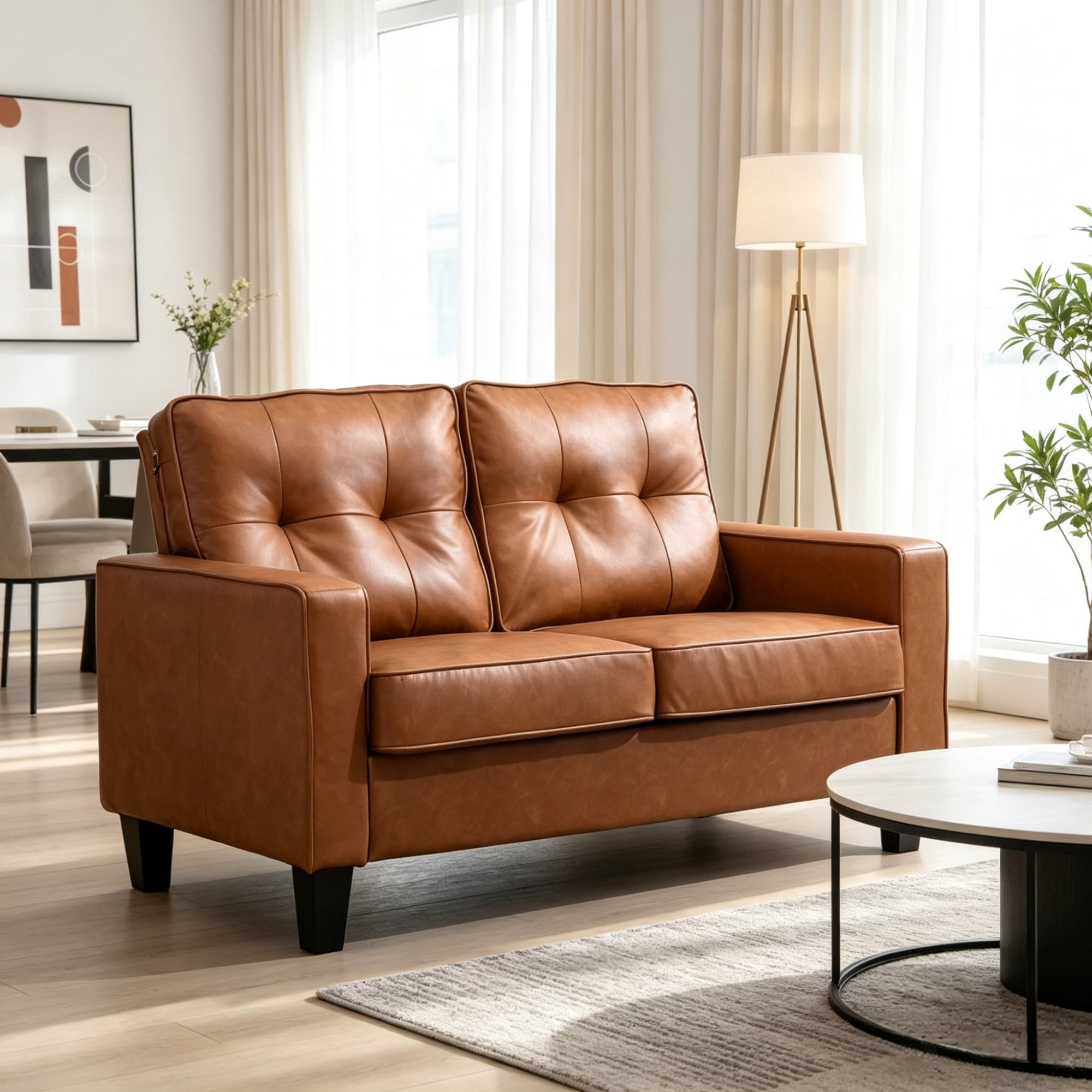 51" Wide Double Sofa, 2-Seater Tufted PU Leather Loveseat with Padded Armrests, Brown