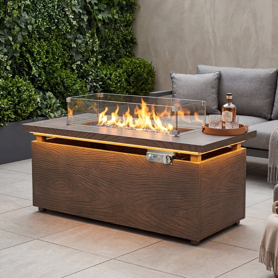 51 in. Propane Rectangular Fire Pit Table with LED Light, 50,000 BTU Coating Steel Tabletop Fire Pit (Brown Wood Grain)