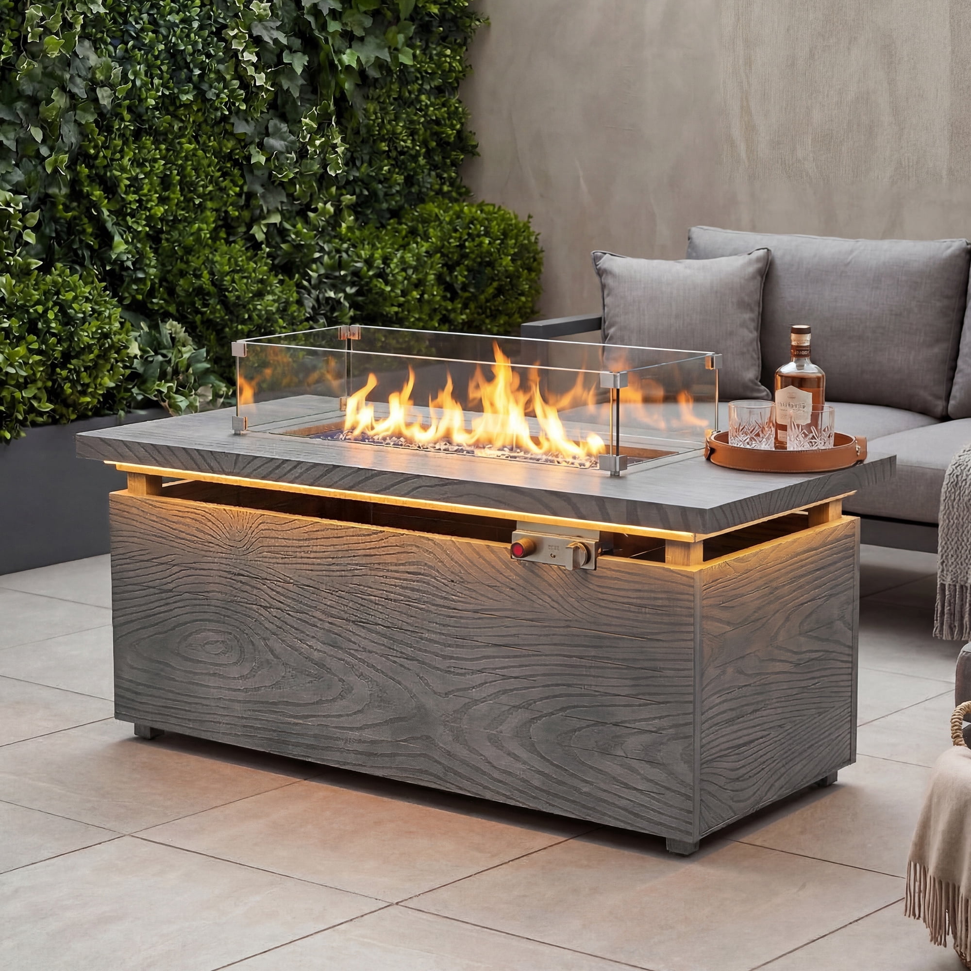 51 in. Propane Rectangular Fire Pit Table with LED Light, 50,000 BTU Coating Steel Tabletop Fire Pit (Gray Wood Grain)