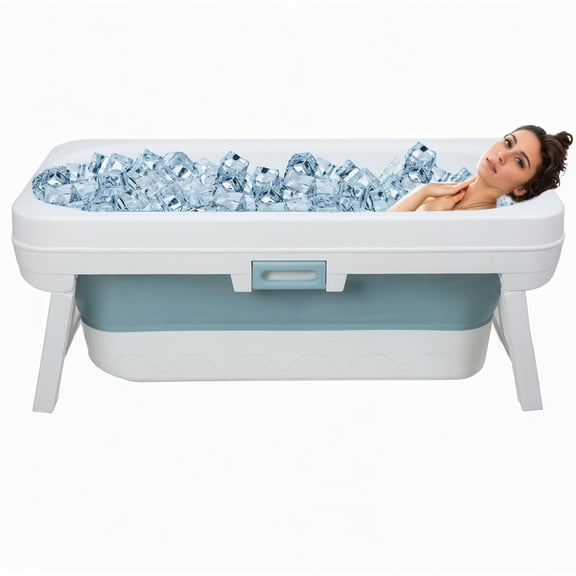 Plenkra 51 inch Blue Portable Bathtub for Adult Foldable Collapsible Bathtub with Flip-up Handle, No Lid, Hot Bath, Ice Bath, for Small Spaces