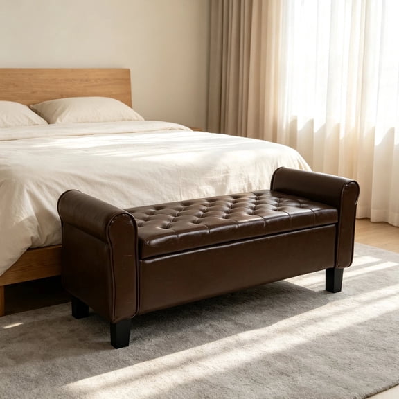 51 inch Brown Faux Leather Storage Ottoman Bench, Upholstered End of Bed Bench with Rolled Arms & Hidden Storage, Entryway Bench with Storage for Bedroom Living Room