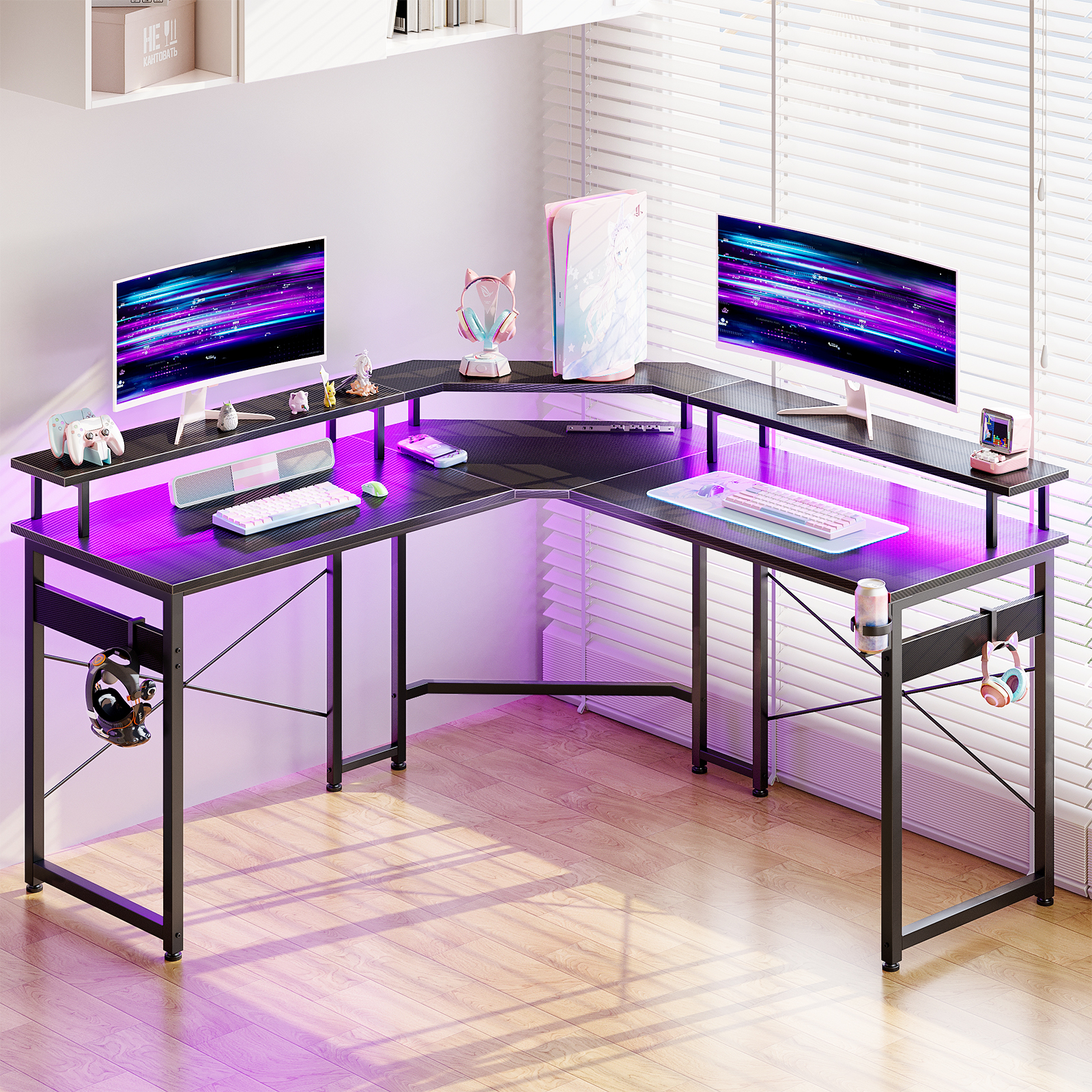 Bureau Gamer En L 120x80cm Devoko - Double Support Écran, LED RGB, Plateau Réglable, Finition Fibre De Carbone Noir