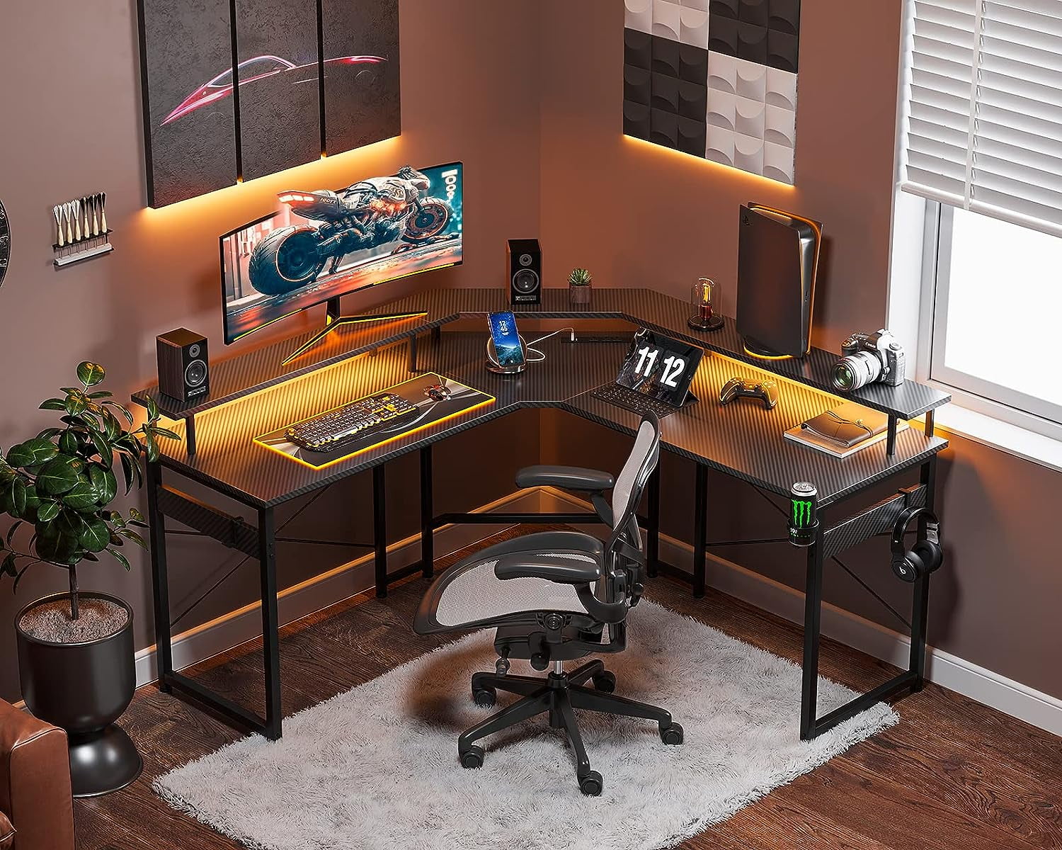 51 inch Computer Desk L Shaped with Led Lights & Power Outlets, Full