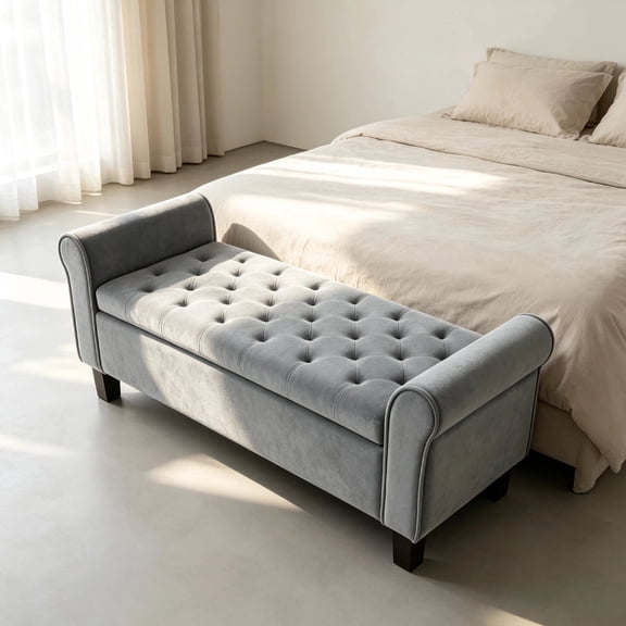 51 inch Gray Velvet Storage Ottoman Bench, Upholstered End of Bed Bench with Rolled Arms & Hidden Storage, Entryway Bench with Storage for Bedroom Living Room