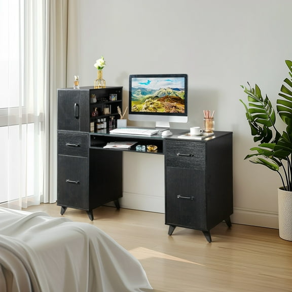 51-inch Nail Desk, ﻿ Vanity Desk with 3-Tier Open Shelves, Wrist Cushion and Detachable Glass, Nail Makeup Beauty Salon with Storage Drawers&Cabinet, Black