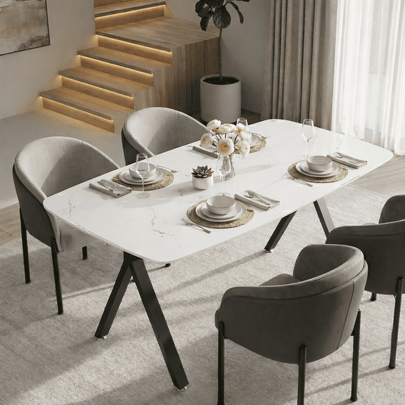 51-inch Rectangular Dining Table for Restaurant, Tempered Glass Top with Marble Pattern & Black Metal Legs for Living Room and Home Offices (Table Only)