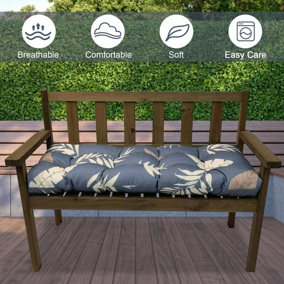 51 inch Waterproof Indoor/Outdoor Garden Bench Seat Cushions, Patio Bench Soft Rocking Chairs Pad for Garden Furniture Porch Wicker Loveseat Settee, Grey Leaves