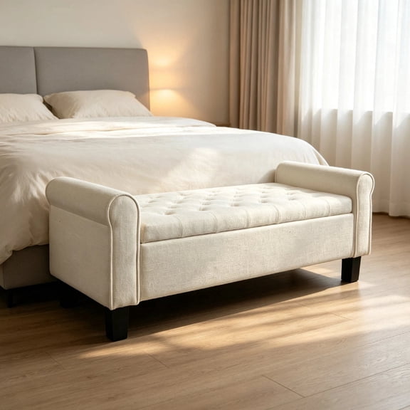 51 inch White Linen Storage Ottoman Bench, Upholstered End of Bed Bench with Rolled Arms & Hidden Storage, Entryway Bench with Storage for Bedroom Living Room