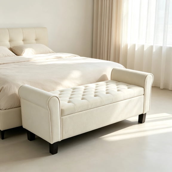 51 inch White Velvet Storage Ottoman Bench, Upholstered End of Bed Bench with Rolled Arms & Hidden Storage, Entryway Bench with Storage for Bedroom Living Room