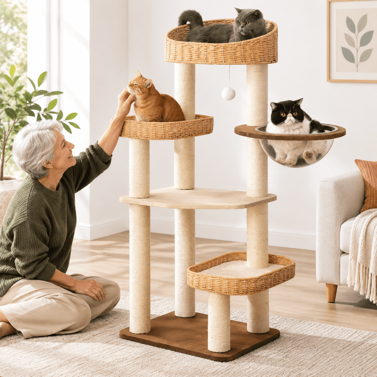 Large Cattery 51-inch Woven Cat Tree Tower for Large Cats with Capsule Bed (LS-02 ...