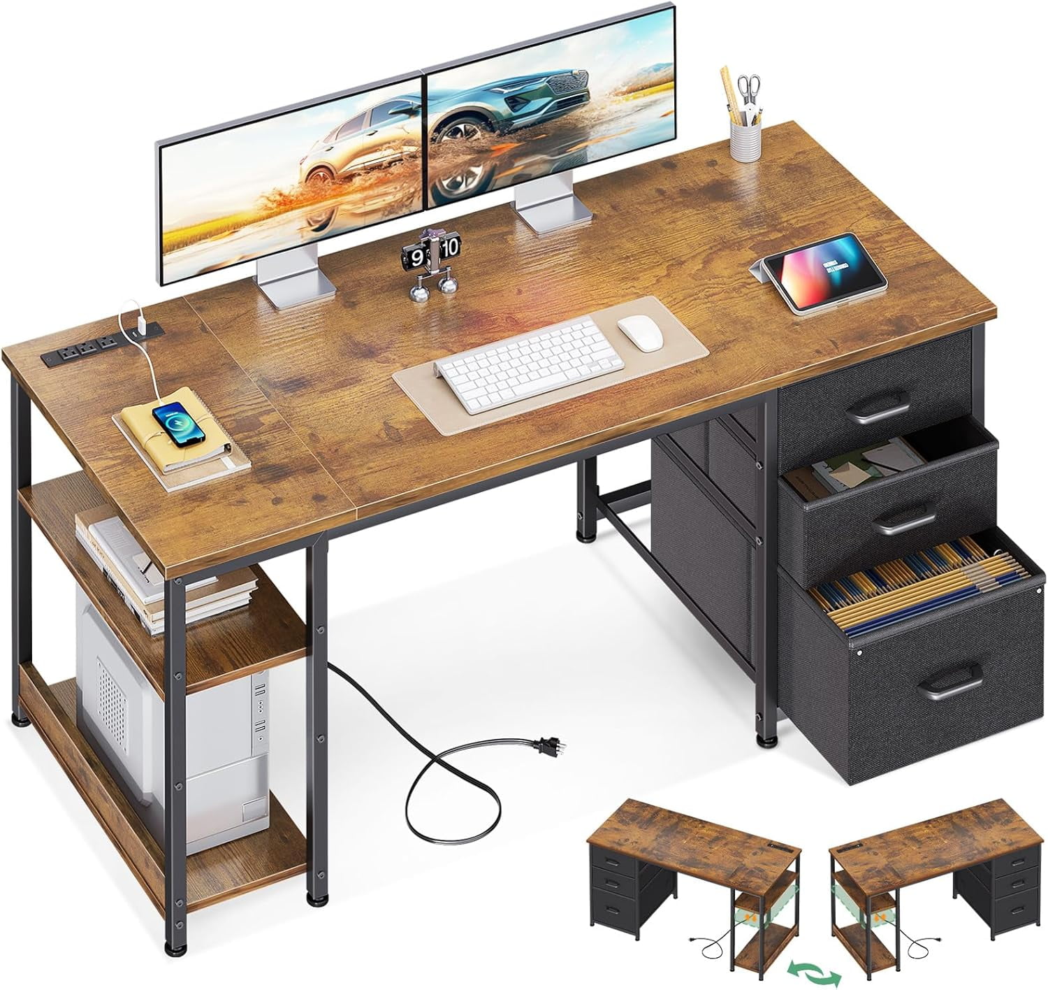 **51 inch computer desk with fabric drawers & usb power outlets ...