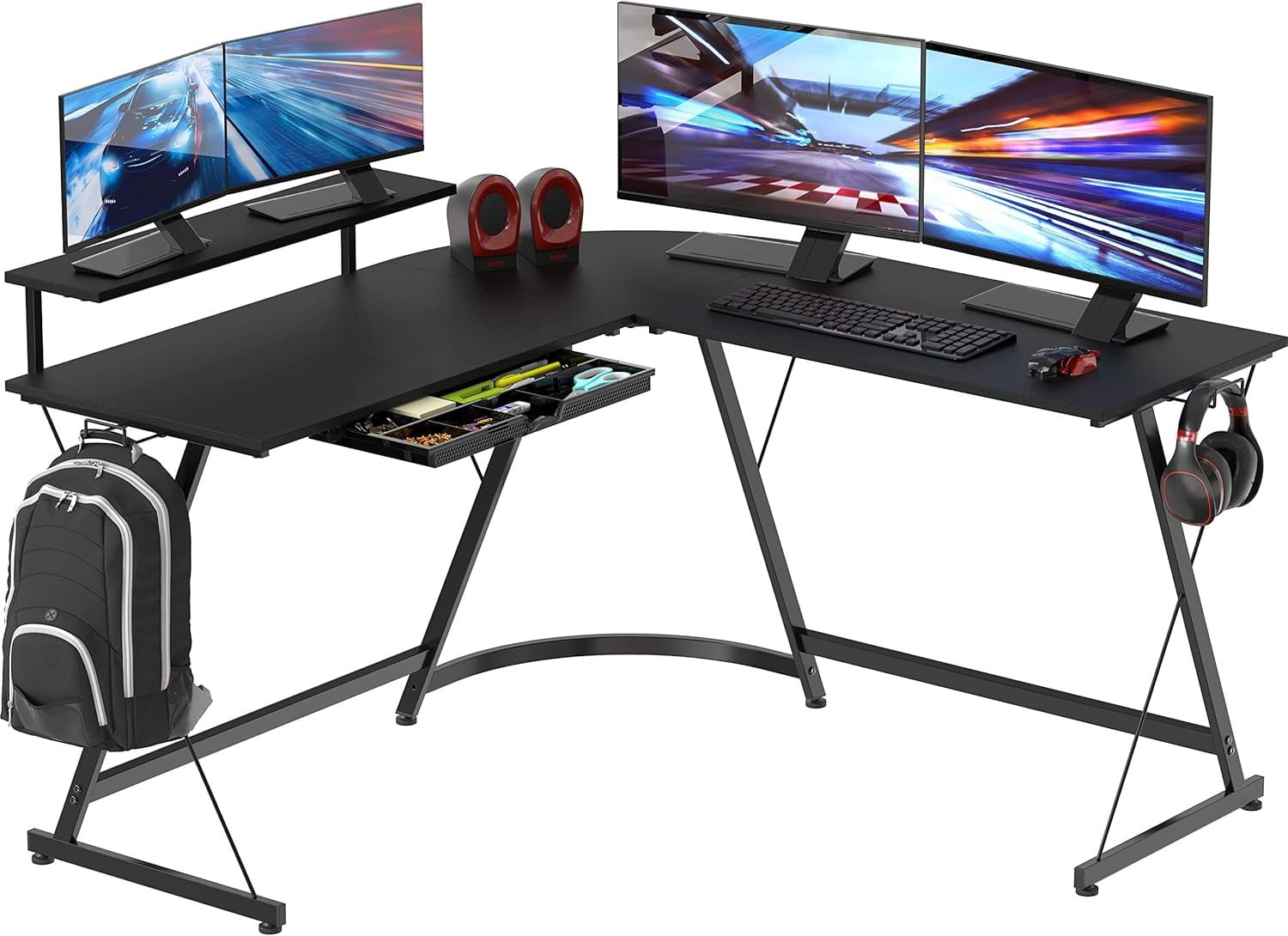 51 x 51 Inches Vista L-Shaped Desk with Stand and Drawer, Black ...