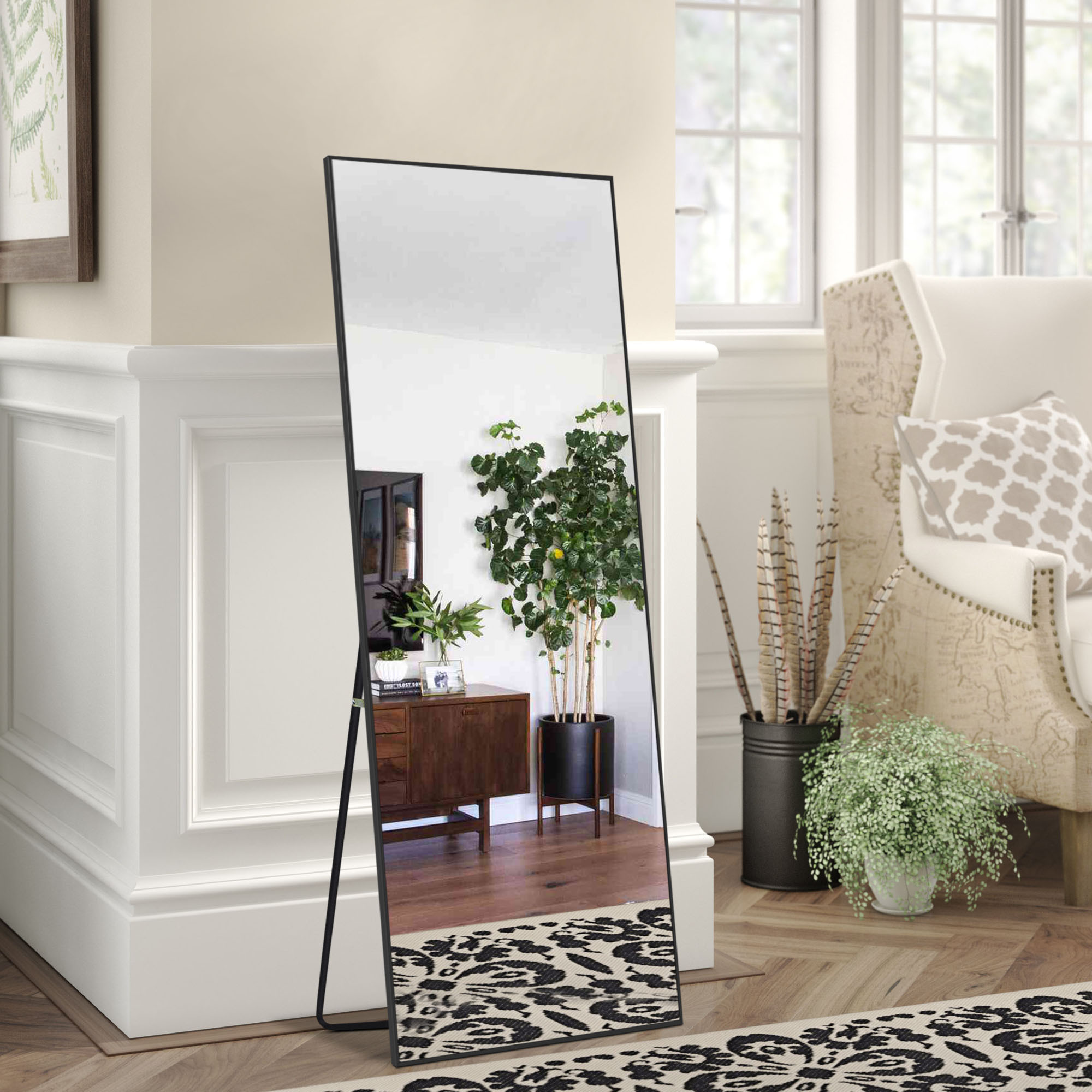 51"x16" Full Length Mirror Aluminum Alloy Rectangle Body Dressing Floor Mirrors with Stand Black