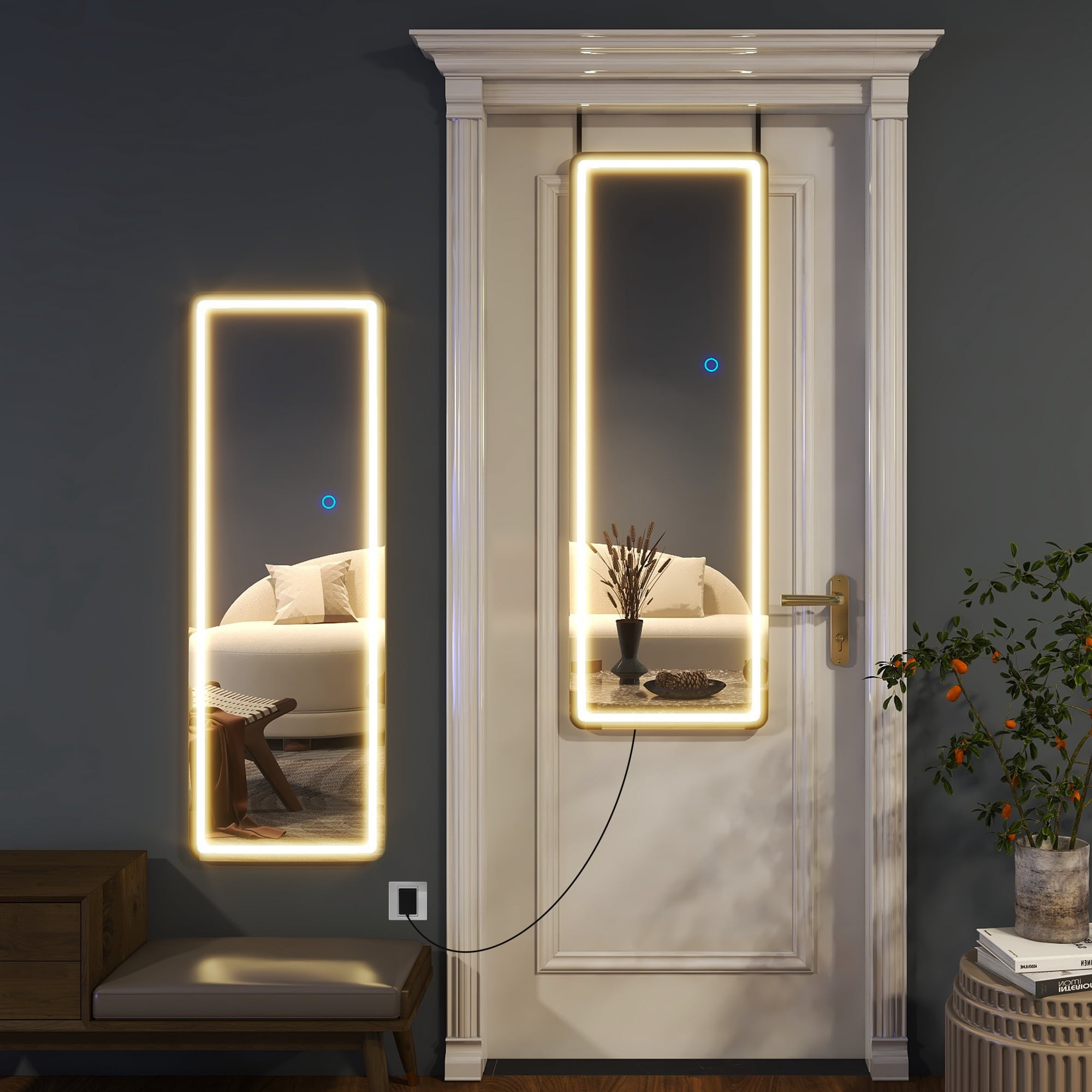 51"x18" Mordern Rectangle Hanging LED Mirror Door Mirror Vanity Mirror,White