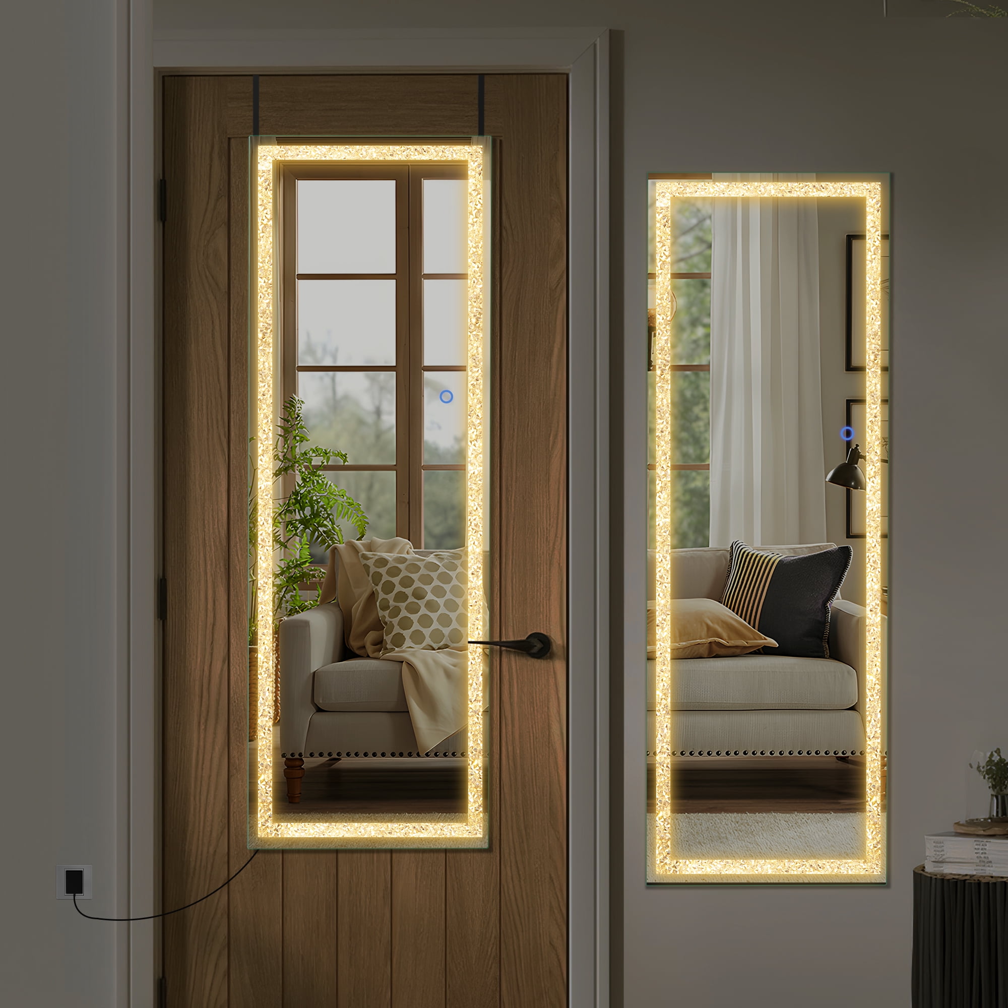 51"x18" Rectangle Hanging LED Mirror Door Mirror Vanity Mirror with Diamond for Bedroom,Silver